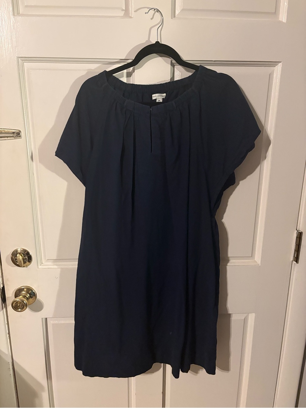 Pleated Navy Mini Dress — Short Sleeve Casual Shift